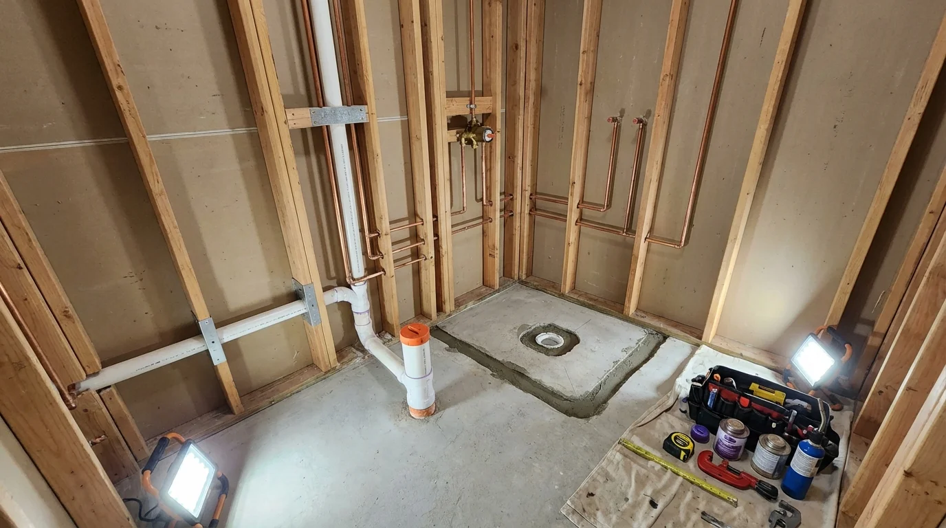Bathroom rough-in plumbing during remodel by Johns Plumbing LLC in Sandoval