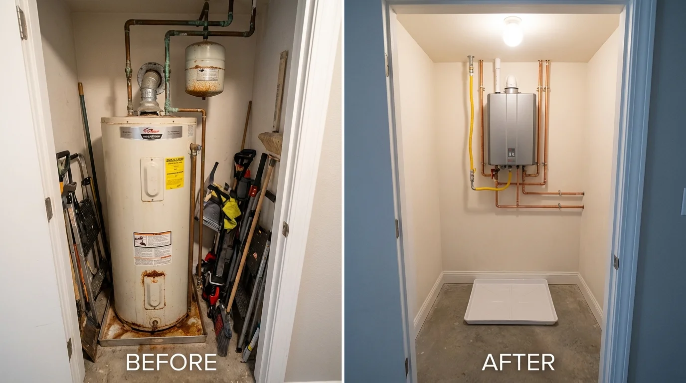 Tank water heater versus wall-mounted tankless unit comparison for Sandoval, IL homeowners