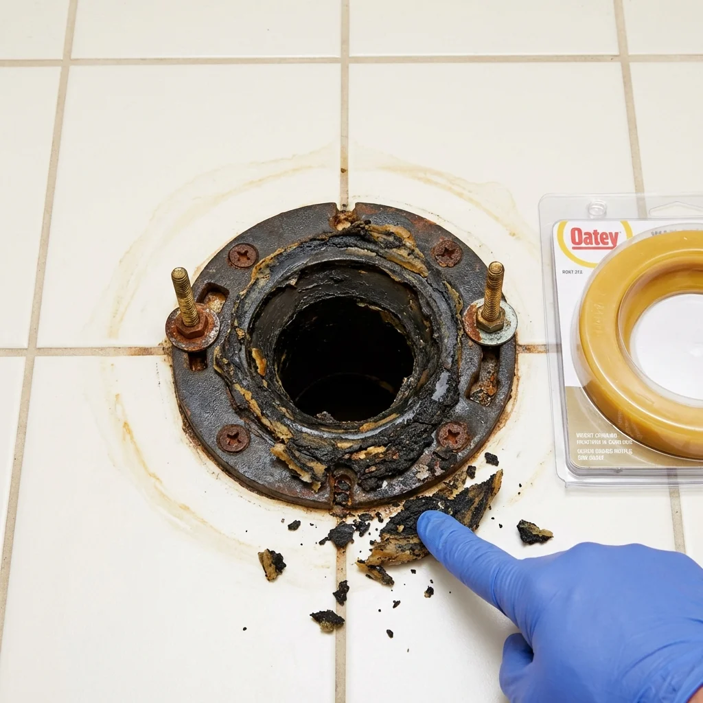 Failed wax ring showing water seepage at the base of a toilet in a Sandoval, IL home