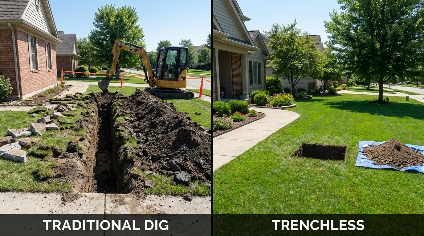 Trenchless sewer repair with minimal yard damage versus traditional excavation in Sandoval, IL