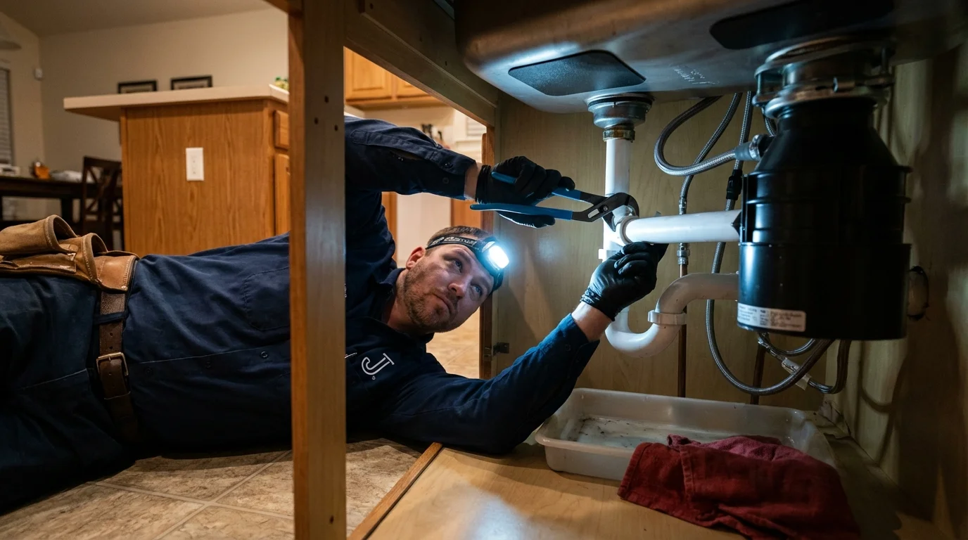 P-trap and supply line connections under a kitchen sink showing a common leak point in Sandoval, IL